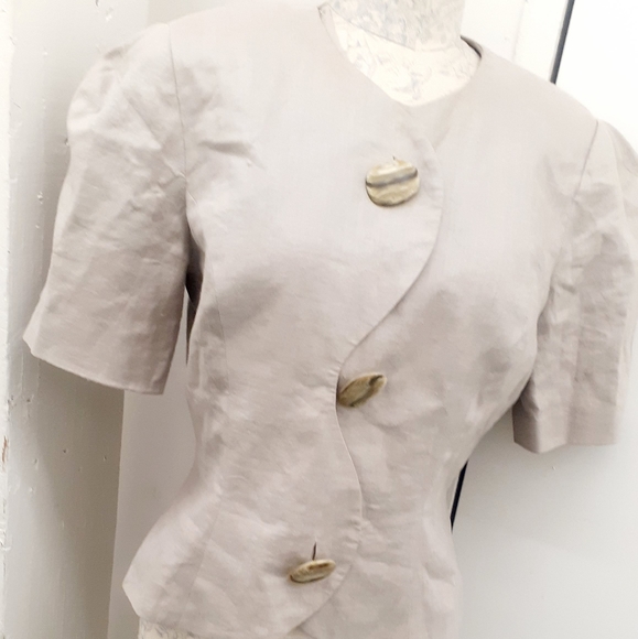 Stylish Asymmetrical Button 100% Linen Blazer Camel Tan Jacket Womens 10 - Picture 10 of 11